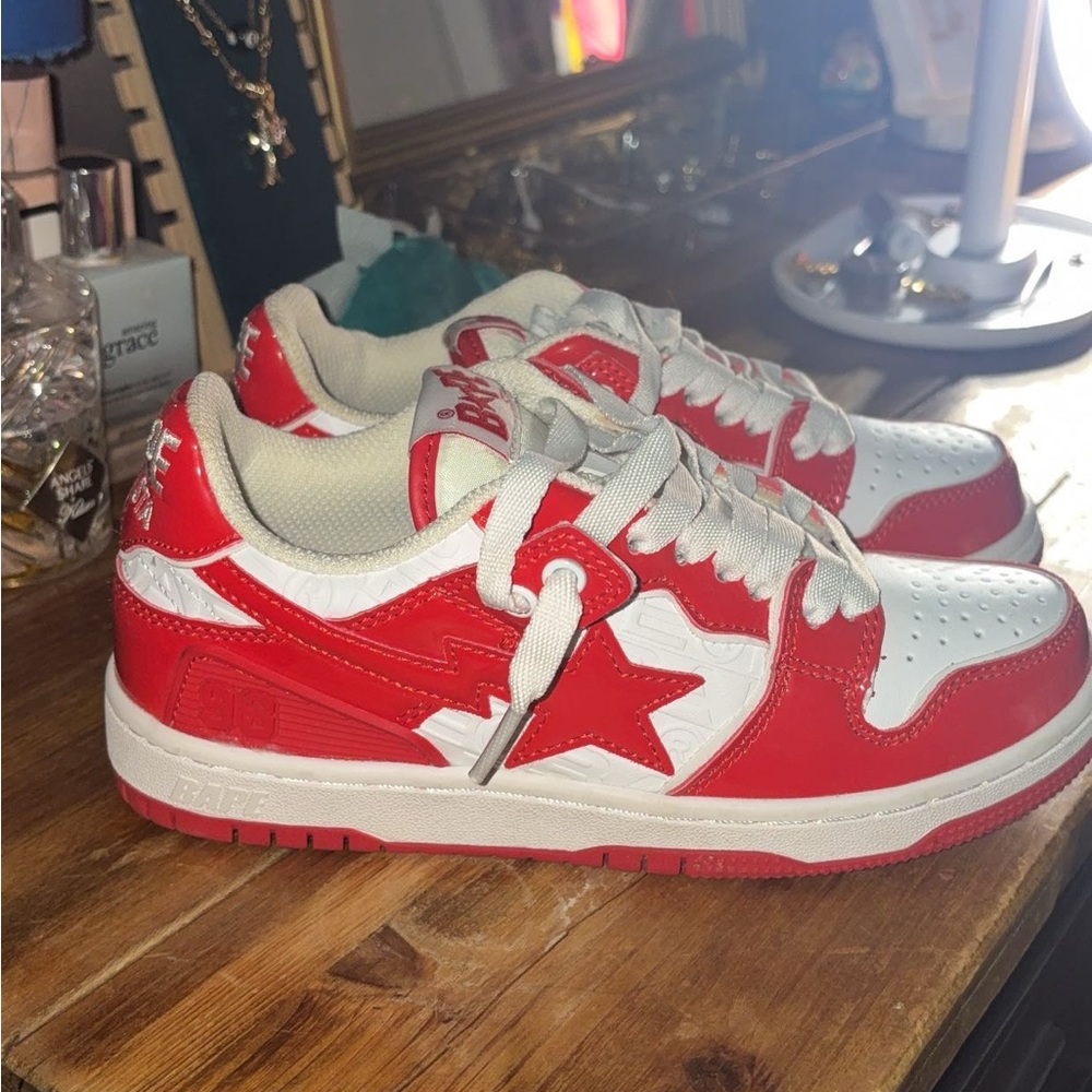 Bape Red and White Athletic Shoes Retro Design